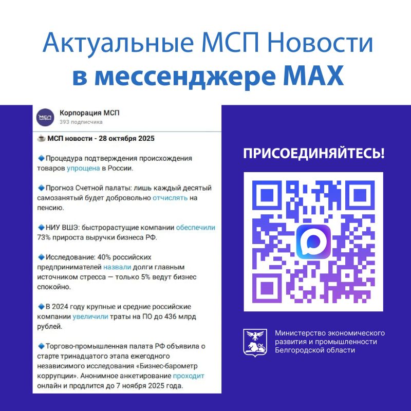 Самые актуальные и интересные новости для МСП на канале Корпорации МСП в мессенджере МАХ