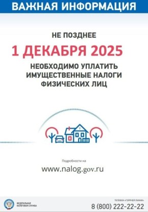 Уважаемые земляки! Напоминаем, что необходимо уплатить имущественные налоги в срок не позднее 1 декабря!