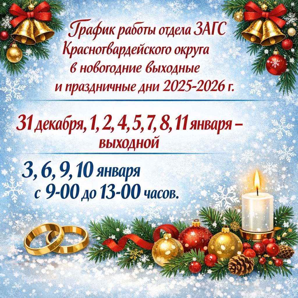 Делимся графиком работы отдела ЗАГС Красногвардейского округа в новогодние выходные и праздничные дни 2025-2026 г