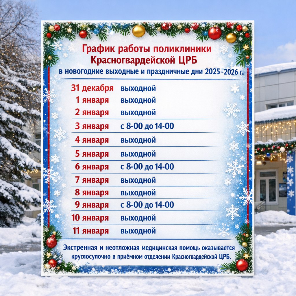 Делимся графиком работы поликлиники Красногвардейской ЦРБ в новогодние выходные и праздничные дни 2025-2026 г