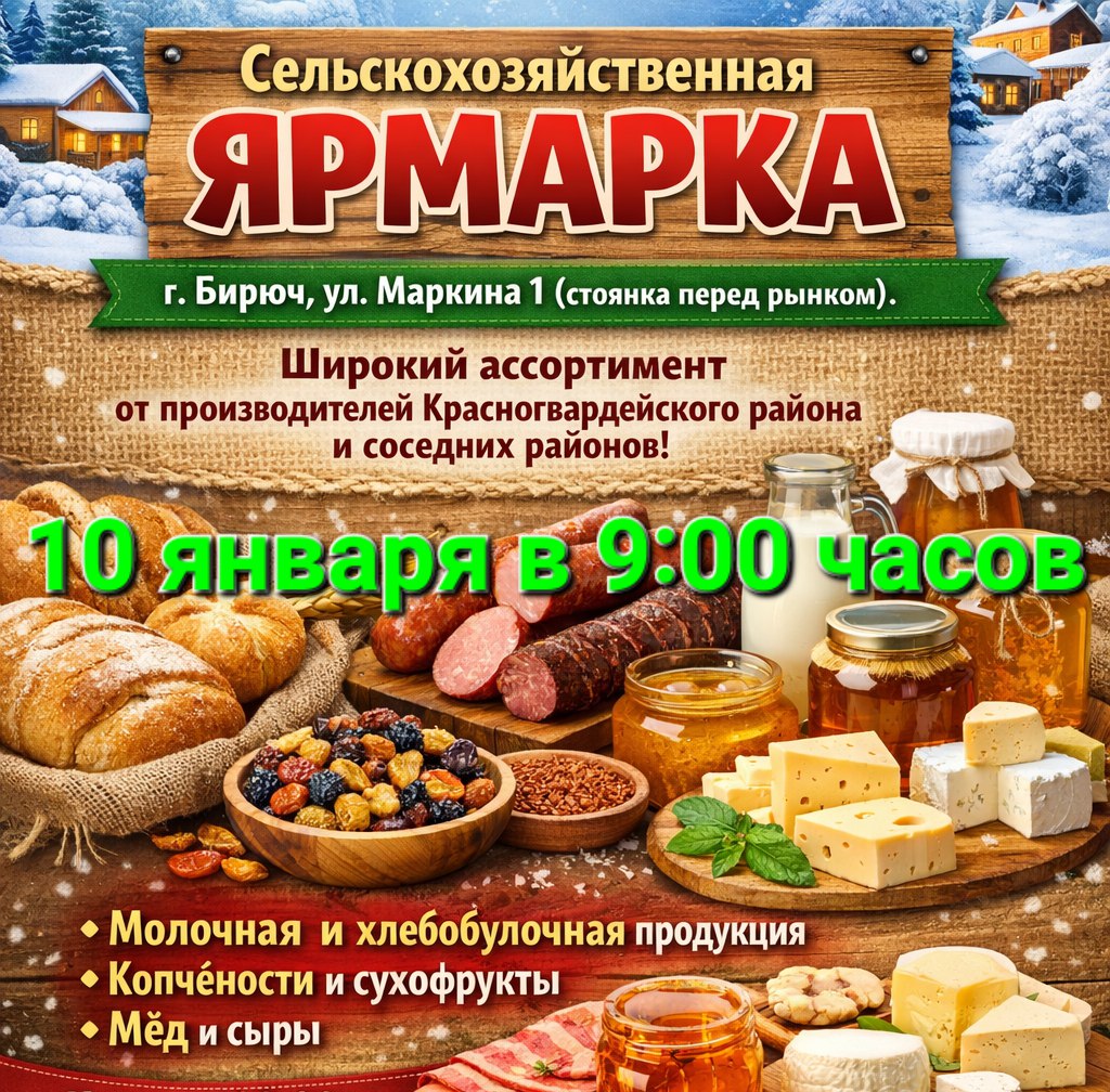 10 января все на ярмарку!. Приглашаем посетить сельскохозяйственную ярмарку, которая состоится в городе Бирюч ул Маркина 1(стоянка перед рынком)