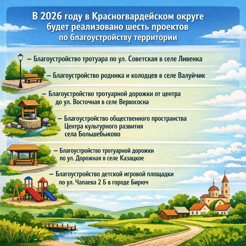 В 2026 году в Красногвардейском округе будет реализовано шесть проектов по благоустройству территории