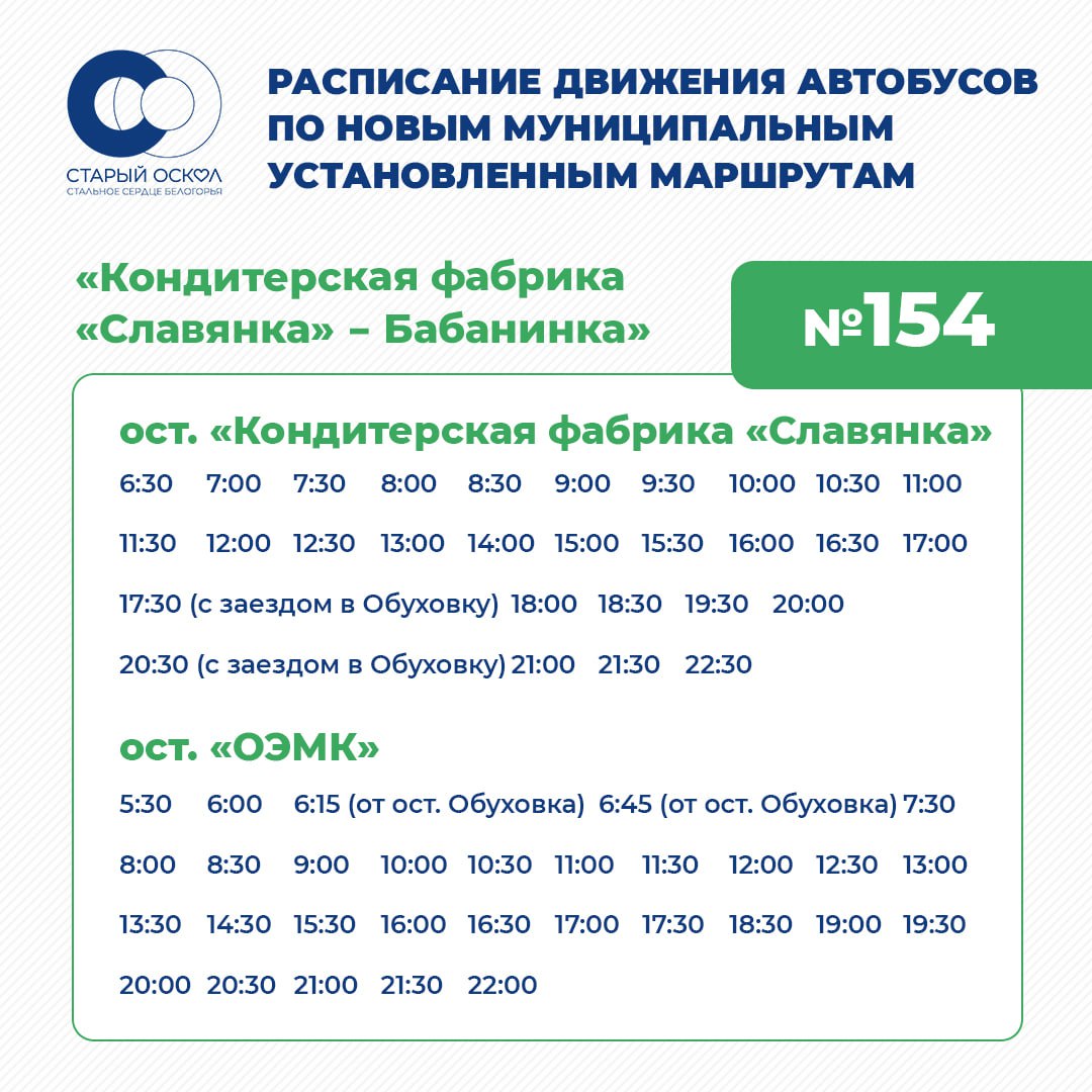 Уважаемые старооскольцы!. В рамках нашей рубрики информируем вас о движении автобуса по маршруту №154 «Кондитерская фабрика «Славянка» — Бабанинка» Уважаемые старооскольцы!. В рамках нашей рубрики информируем вас о движении автобуса по маршруту №154 «Кондитерская фабрика «Славянка» — Бабанинка»