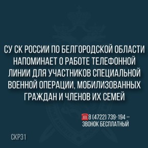 Следственное управление напоминает о работе телефонной линии для участников специальной военной операции, мобилизованных граждан и членов их семей