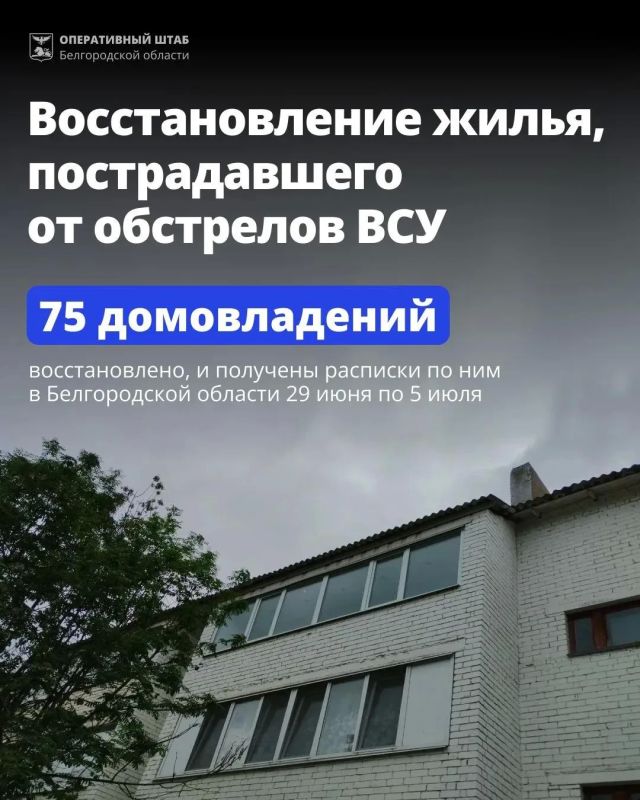 За неделю в Белгородской области восстановили 75 объектов, повреждённых при атаках ВСУ
