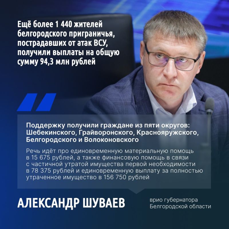 Врио губернатора Белгородской области Александр Шуваев сообщил о перечислении выплат пострадавшим от атак ВСУ жителям приграничных территорий