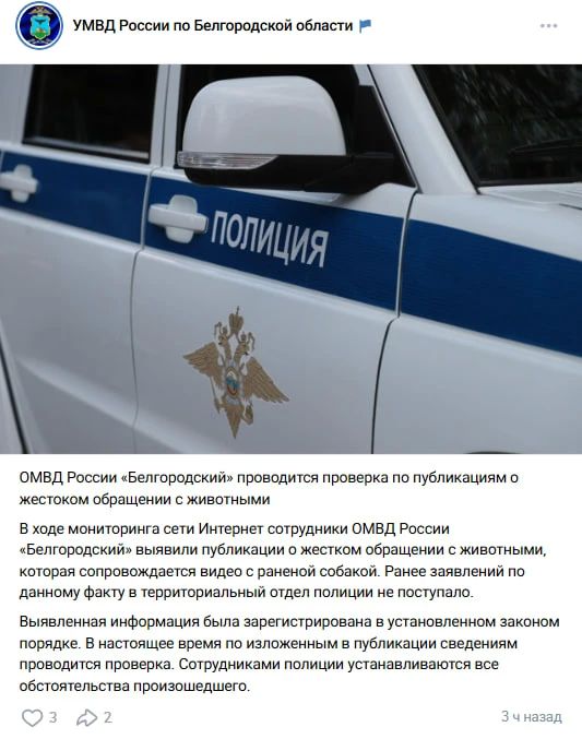 Полиция проводит проверку после сообщений о жестоком обращении с животными в Разумном Полиция проводит проверку после сообщений о жестоком обращении с животными в Разумном