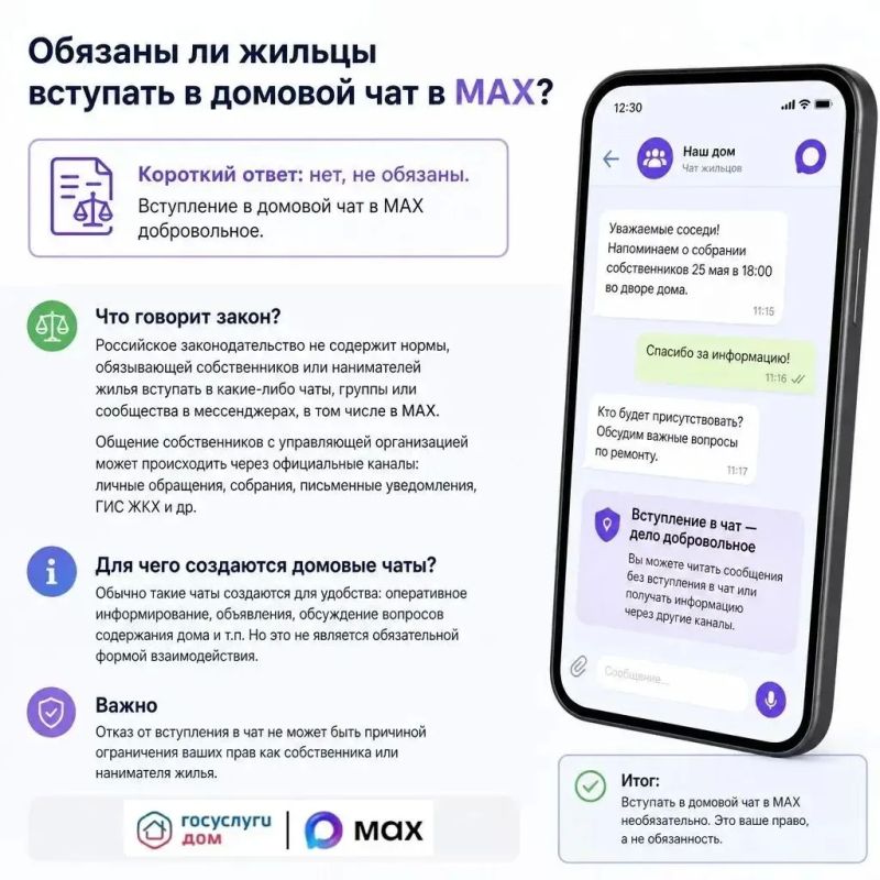 Обязаны ли жильцы вступать в домовой чат в MAX?