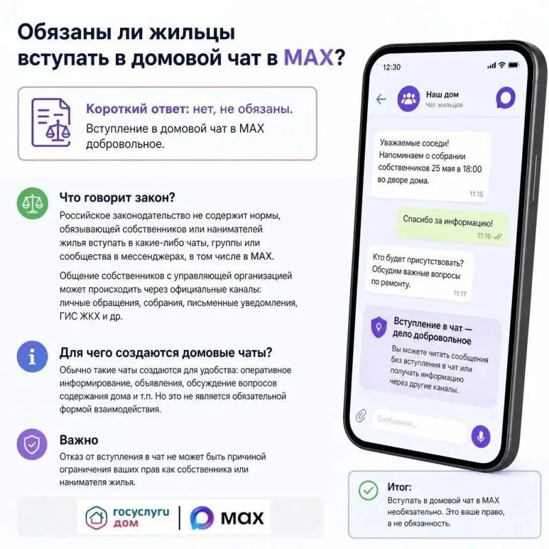Обязаны ли жильцы вступать в домовой чат в мессенджере Max?