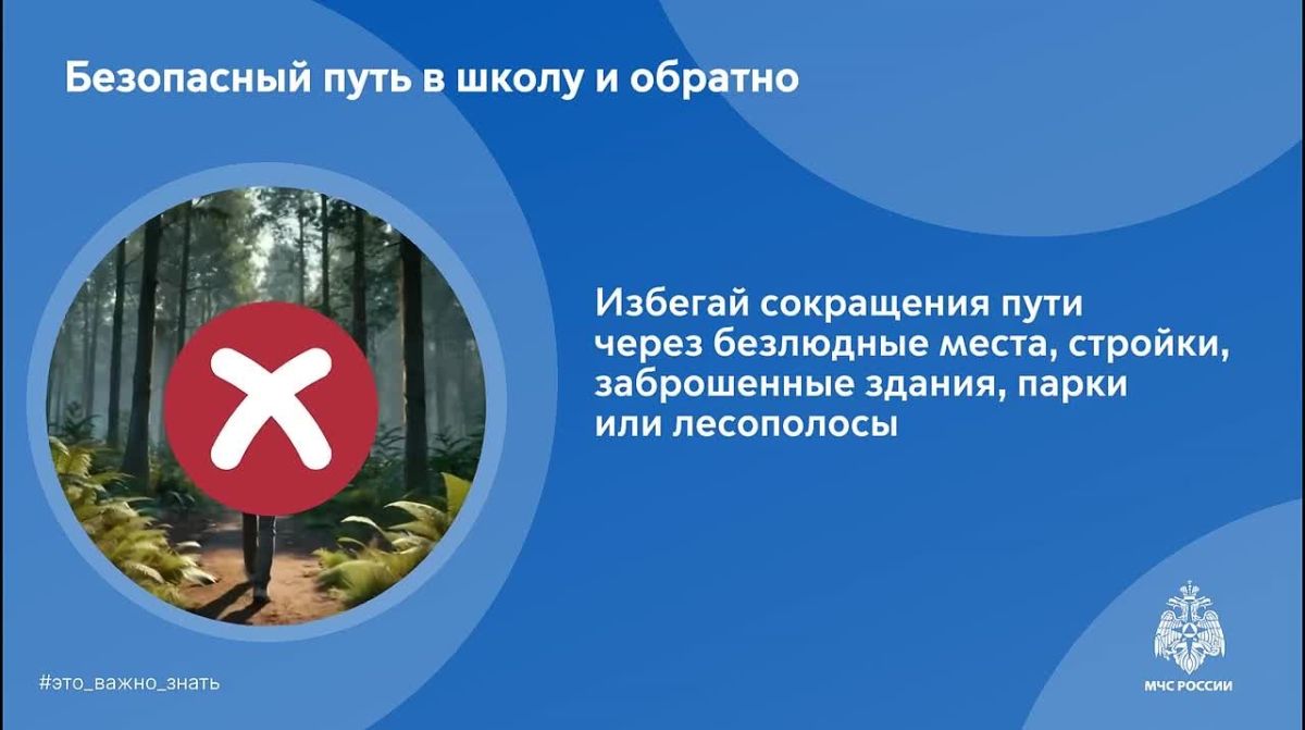 Безопасная дорога в школу. МЧС России напоминает: выбирай хорошо освещенные и знакомые улицы; не сокращай дорогу через безлюдные места и дворы; будь внимателен на пути в школу и обратно; сообщай близким, куда направляешься